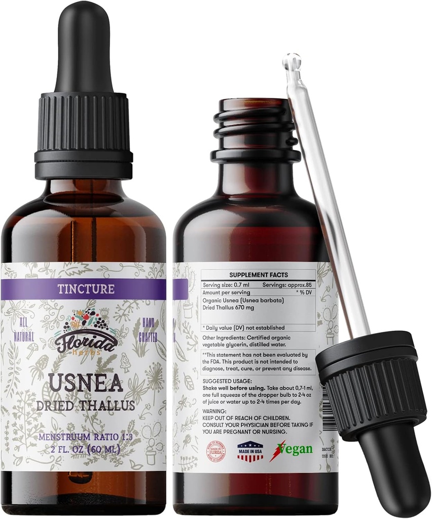 Usnea Tincture Alcohol Gratuito, Orgánica Usnea Extract (Usnea barbata) Dried Thallus Herbal Suplemento, No GMO en Glice vegetal orgánica presidida por frío, 700 mg, 2 oz (60 ml)