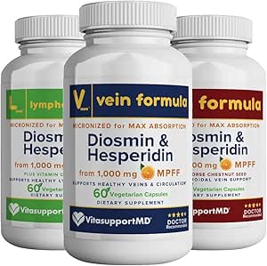 VITASUPPORTMD - Family Bundle, Vein, Lymphatic y H Fórmula, 3x60 Capsules, Diosmin, Hesperidin, 1000 mg MPFF para Vein, Lymphatic, Hemorrhoidal Support