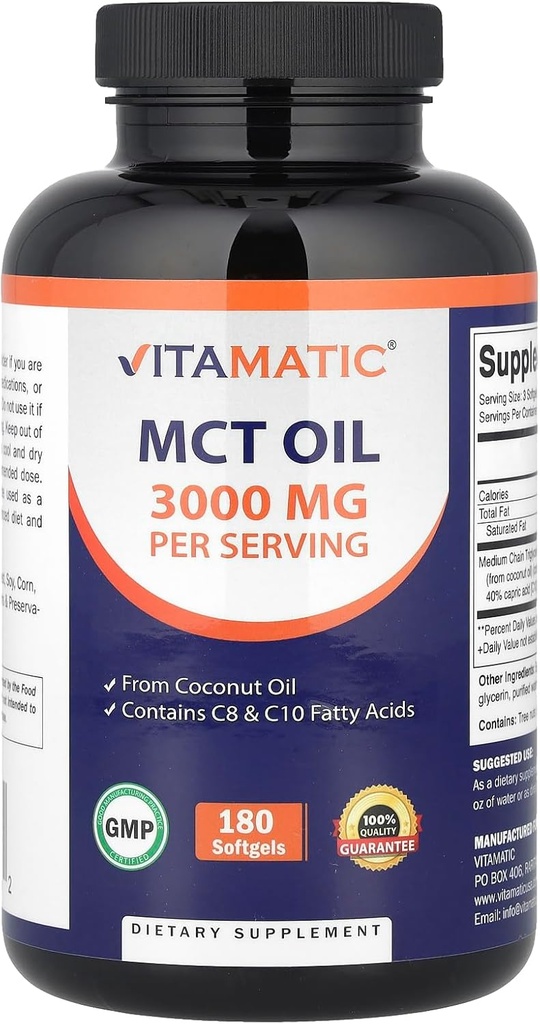 MCT vitamatic Aceite 3000 mg por Serving - 180 Softgels - de aceite de coco - Contiene 55% de ácido caprílico C8 y 40% cúrcuma Ácido C10