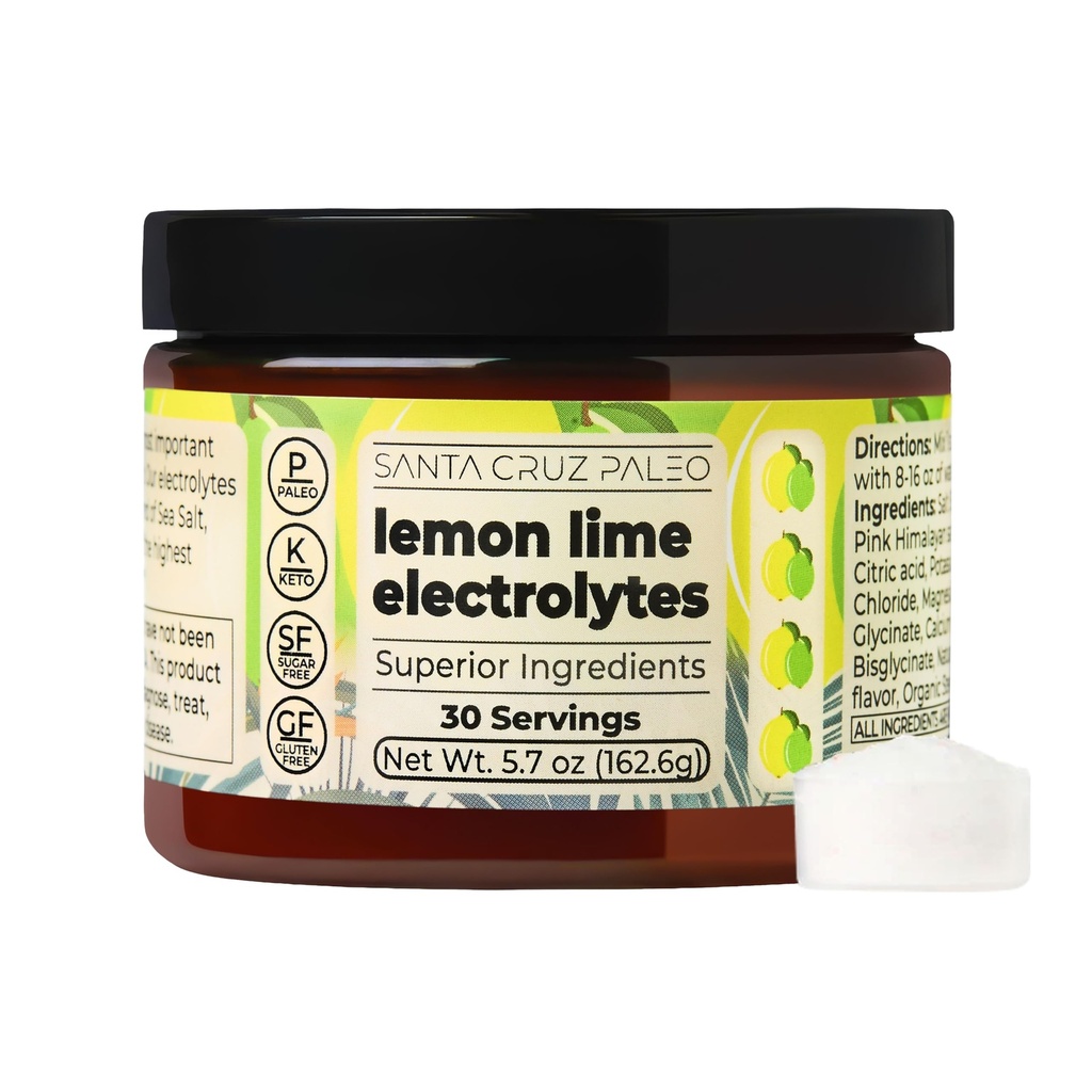 Santa Cruz Paleo Electrolyte Powder, Lemon Lime Flavor, Sugar Free Hydration Drink Mix with Himalayan Pink Salt, Sea Salt, Magnesium Glycinate, Potassium Chloride, Sweetened with Stevia, 30 Servings