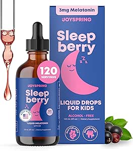 JoySpring SleepBerry - Kids Melatonin Liquid - 3MG Melatonin with D3 and Elderberry - Sugar-Free Liquid for Kids &amp; Teens – Gentle Natural Sleep Support Formula (4 fl oz)