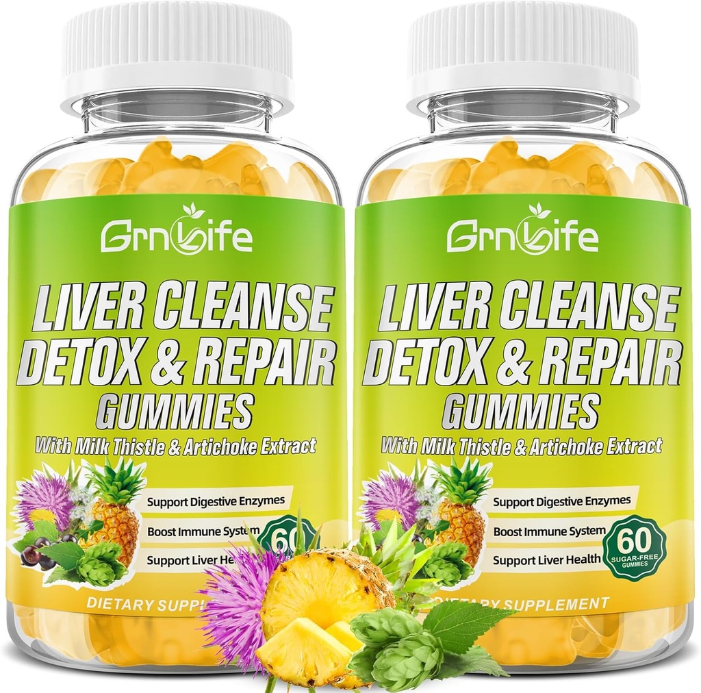 Liver Cleanse Detox &amp; Repair Gummies with Milk Thistle 3000mg, 24-in-1 Liver Health Supplement with Dandelion, Artichoke, Sugar Free Liver Detox Gummies, Pineapple Flavor - 120 Count