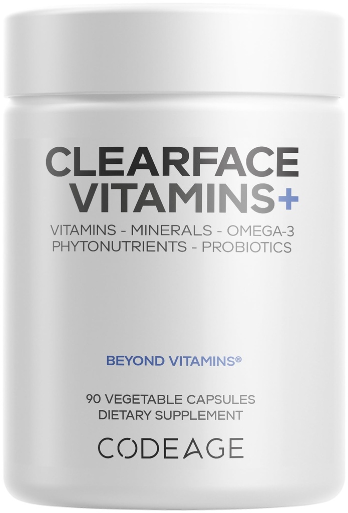 Codeage Clearface Acid Pantothenic, Niacin Supplement, Vitamins A, C, D3, E, Probiotics, Zinc, Riboflavin, Thiamin, L-Lysine HCL & Omega-3, Niacinamide, Skin Botanical Blend - Non-GMO - 90 cápsulas