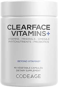 Codeage Clearface Pantothenic Acid, Niacin Supplement, Vitamins A, C, D3, E, Probiotics, Zinc, Riboflavin, Thiamin, L-Lysine HCL & Omega-3, Niacinamide, Skin Botanical Blend - Non-GMO - 90 Capsules