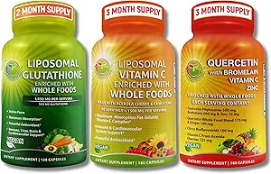 SUPPLEMENTOS STUDIO Immune Support Bundle – Liposomal Vitamina C 1500mg + Liposomal Glutathione 500mg + Quercetina con Bromelaina, Zinc & Vitamina C – Vegan, No GMO, Fórmulas de absorción mejorada