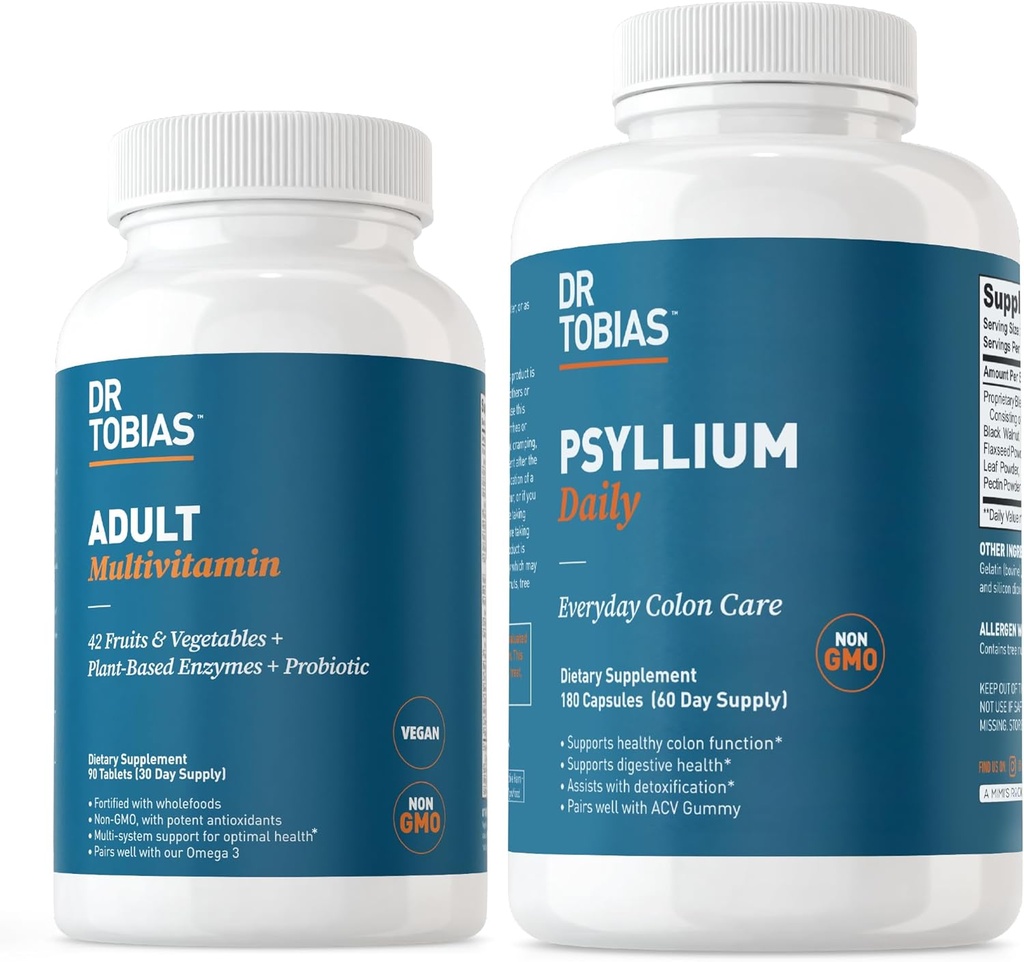 Dr. Tobias Adult Multivitamin " Psyllium Daily Supports Energy, Immunity " Healthy Bowel Movements with 42 Fruits " Vegatables, Psllium Husk, Bentonite Clay, Flaxseed " Natural Ingredients