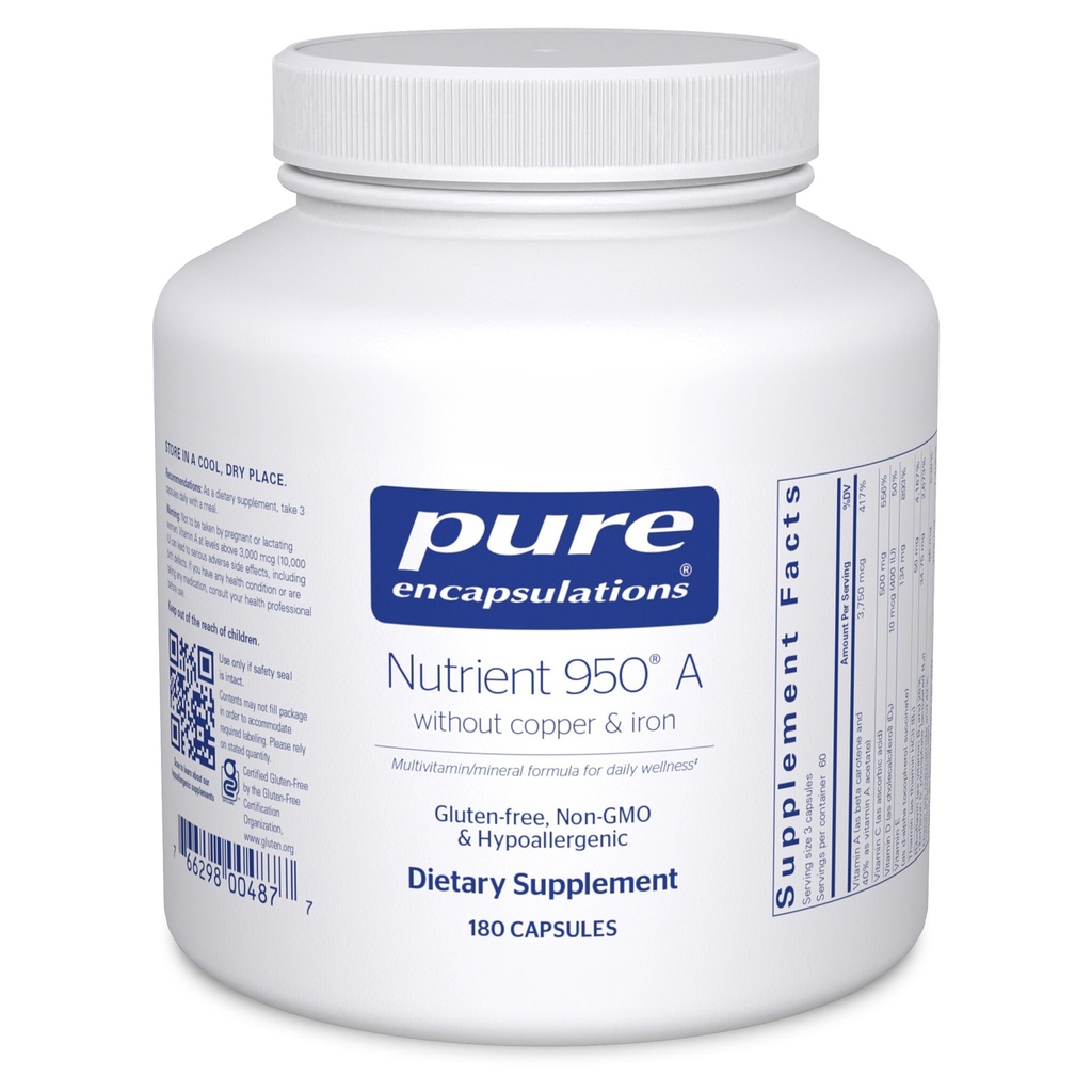 Pure Encapsulations Nutrient 950 A Without Copper & Iron TEN Hypoallergenic Multi-Vitamin/Mineral Formula for Optimal Health TEN 180 Capsules