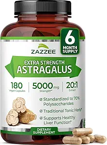 Zazzee Extra Strength Astragalus Root 20:1 Extract, 5000 mg Strength, 70% Polysaccharides, 180 Vegan Capsules, 6 Month Supply, 100% Vegetariano, Estándarizado y Concentrado 20X Extract, Non-GMO
