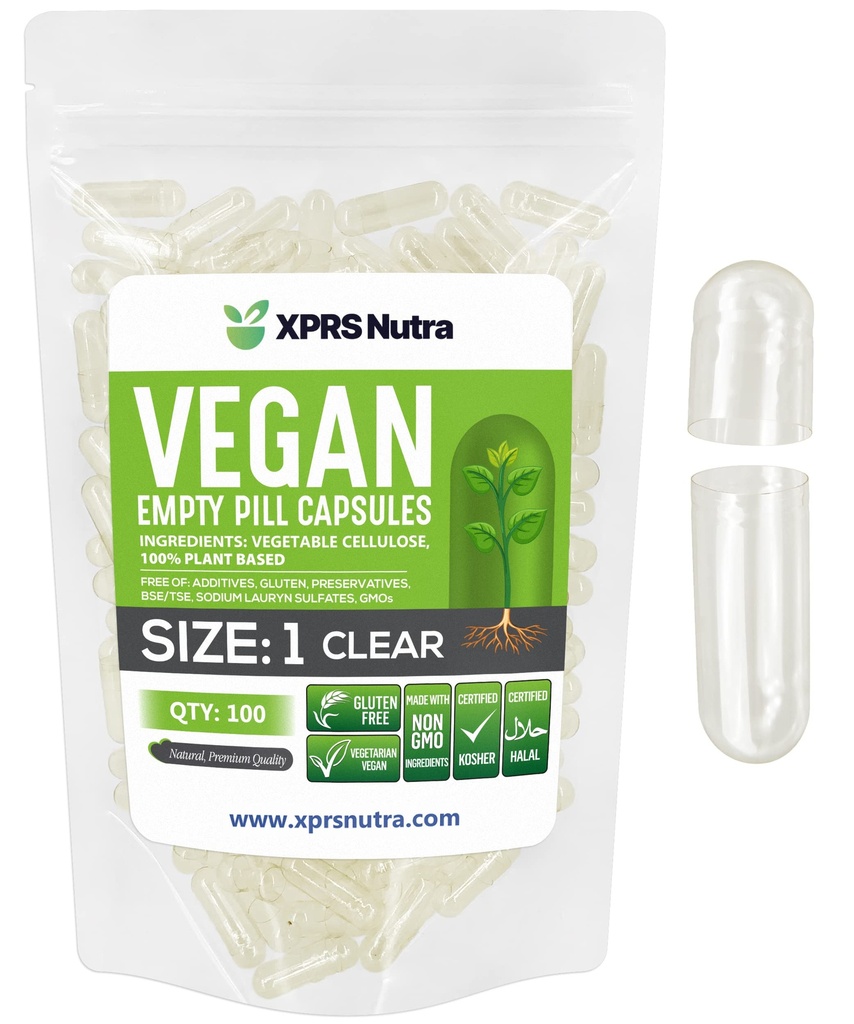 XPRS Nutra Size 1 Empty Capsules - 100 Cuentas Clear Empty Vegan Capsules - Vegetarian Pills - DIY Vegetable Capsule Filling- Veggie Pill Caps for Do-It-Yourself Suplementos