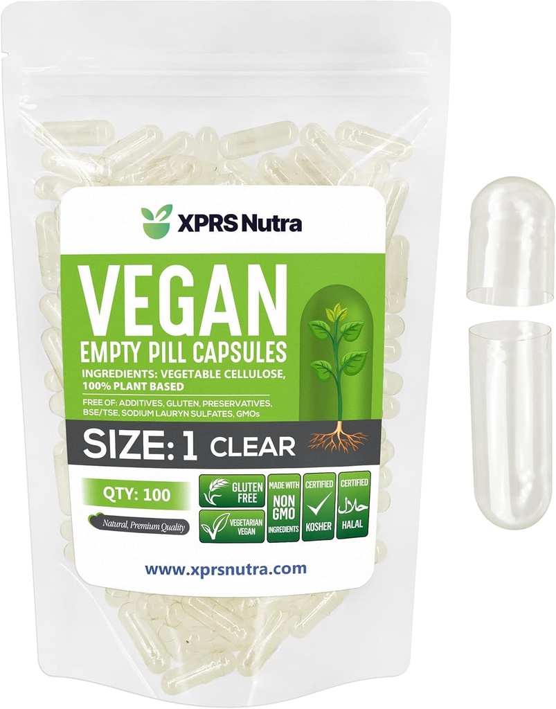 XPRS Nutra Size 1 Empty Capsules - 100 Cuentas Clear Empty Vegan Capsules - Vegetarian Pills - DIY Vegetable Capsule Filling- Veggie Pill Caps for Do-It-Yourself Suplementos