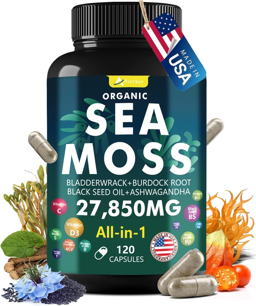 Mar Moss Complejo de cápsulas con Moss Mar, Aceite de semillas negras, Aşhwagandha, Ginger & Vitamins C, D3-120 Capsules, Suplementos Superalimentarios - Píldoras avanzadas de mar silvestre, Píldoras de mar salvaje, Made in USA