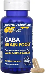 GABA Brain Food - Suplemento GABA con L-Citrulline " Grape Seed Extract - Apoyo a la calma " Relajación - Ayuda al sueño nocturna - Apoya la producción de ácido aminobutírico Gamma - 60 L-Citrulline Capsules