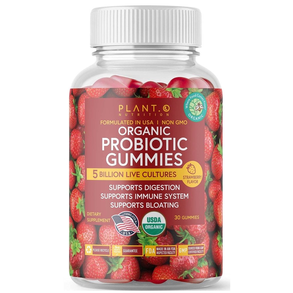 Plant.O Organic Probiotic Gummies for Women, Men & Kids [5 Billion CFUs USDA Certified] Help Support Digestion, Bloating, Constipation & Immune System, Strawberry Flavor, 30 Chewable Probiotics