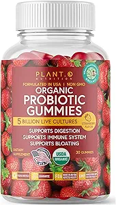 Planta.O Mangas Probióticas Orgánicas para Mujeres, Hombres [5 Billones CFUs USDA Certified] Ayuda Asistencia Digestión, Bloating, Constipation &amp; Immune System, Strawberry Flavor, 30 Probióticos Chewable