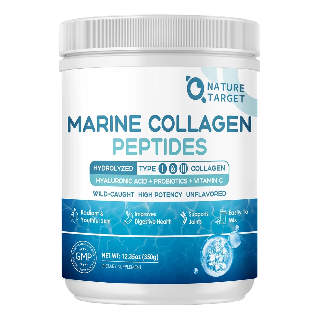 NATURE TARGET Marine Collagen Peptides Polvo - Tipo I & III Collagen con Probióticos, Vitamina C & ácido hialurónico para la piel, el cabello, uñas, peces salvajes " Bovino de grano, 35 servientes