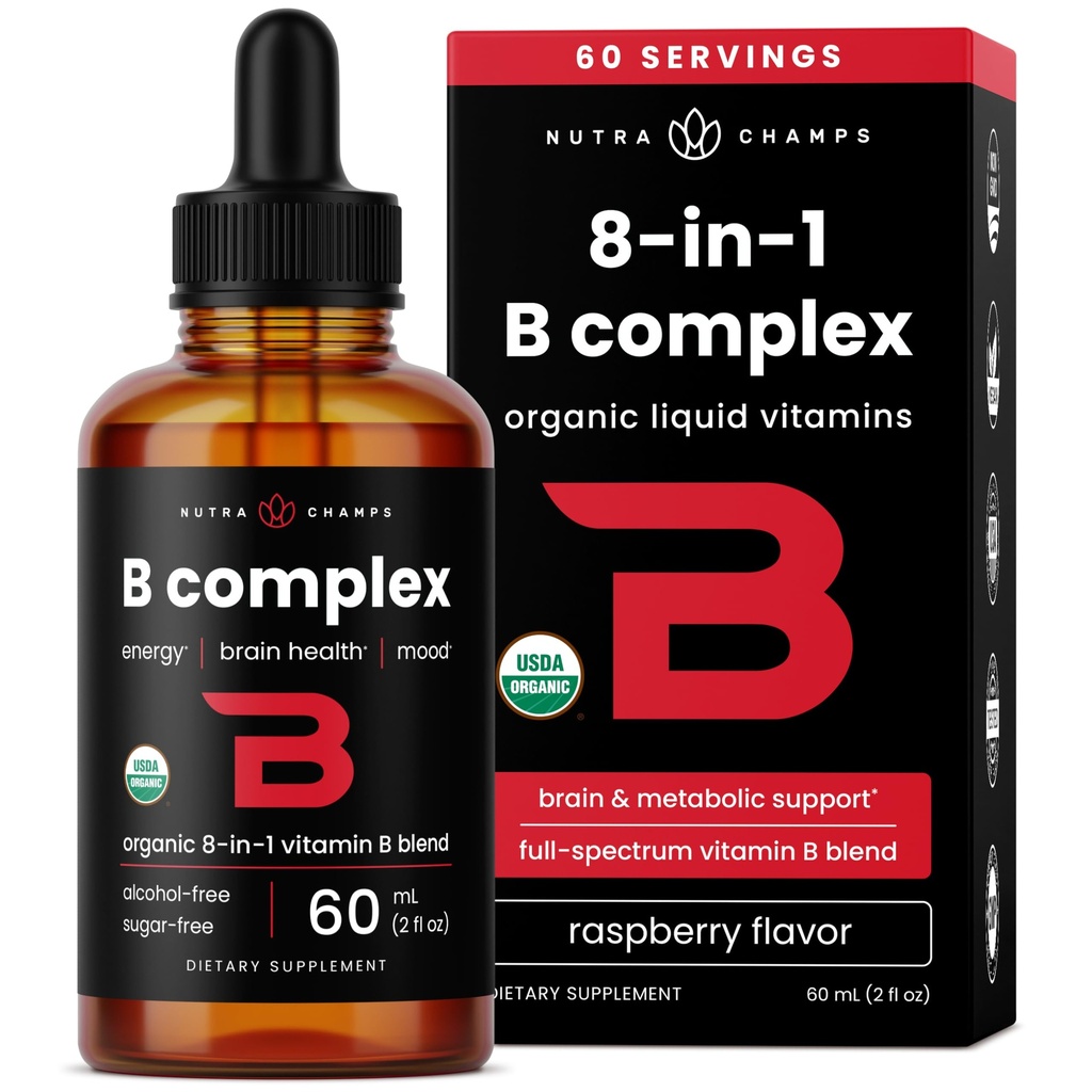 USDA Organic Vitamin B Complex Liquid Drops Sublingual B12 Methycobalamin TEN B1, B2, B3, B5, B6, B7, B9 ANTE Methylated B Vitamins Complex for Women &amp; Men TEN Biotin, Niacinamide, Folate &amp; Folic Acid, 2oz