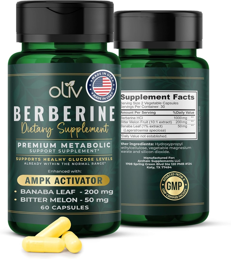oliv Pure Berberine Supplement Capsules – Berberine HCI 1000mg - Natural Metabolic Support with 200mg Bitter Melon Fruit Extract and 50mg Banaba Leaf – 2 Veggie Capsules Daily (30 Servings)