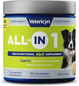 Vetericyn All-in 1 Multifunctional Dog Supplement ← Enzymes Digestivos + Glucosamina y Condroitina para Bone y Soporte Conjunto + Vitaminas, Antioxidantes, Prebióticos, Probióticos y Omegas. Cuenta 90