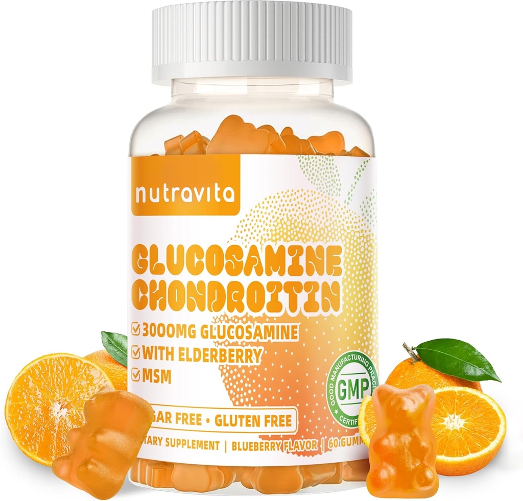 Nutravita Glucosamine Chondroitin Gummies with MSM & Elderberry Extra Strength - Joint Support, Antioxidant Immune Support Supplement for Adults, Men &amp; Women.60 Orange Chews
