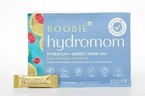 Boobie Hydromom Superfood Electrolyte Drink Mix, Blue Raspberry Lemonade ¦ Refreshing Energy " Hydration Boost for Mamas ANTE On-The-Go " Travel Essentials for Pregnancy, Lactation, " Beyond, 15 Packets