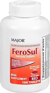 Major FeroSul - Sulfato ferroso 325 mg Tabletas - Suplemento de hierro para mujeres y hombres - Especialmente Coated Easy-to-Swallow Tablets - Rojo - 1000 Conde