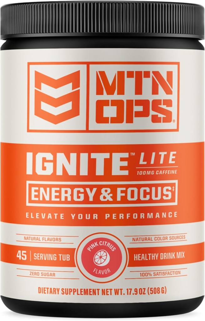 MTN OPS Ignite Lite Energy Drink Powder Gluten Free Nitric Oxide Supplement Drink Mix, L Arginine, L Citrulline, Caffeine &amp; Nootropic Sugar Free Drink Mix, 45 Servings, Pink Citrus