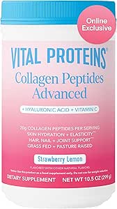 Proteínas vitales Péptidos de colágeno avanzados, péptidos hidrolizados con ácido hialurónico y vitamina C - Polvo de sabor de limón de fresa, 10.5oz