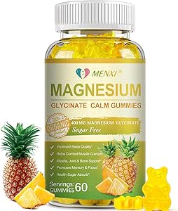 Magnesium Glycinate Gummies 400mg, Sugar Free Magnesium Taurate, Malate Supplement with Vitamin D, B6, CoQ10 for Relaxation, Stress Relief, Muscle, Bone & Sleep Support- 60 Pineapple Gummies