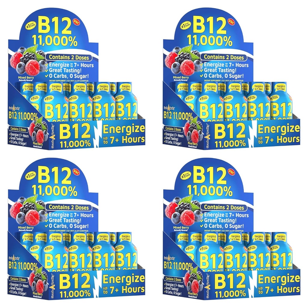 Grado A Calidad, B12 Mixed Berry Flavor, Hasta 7+ Horas de Energía, 1.93 Fl Oz, 48 Cuenta