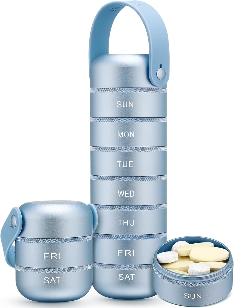 Zannaki Metal organizador semanal de píldoras, caja grande de carga de viaje 7 días, caja impermeable de píldoras diarias con manija de silicona, aleación de aluminio Contenedor portátil para vitaminas, medicinas, suplementos