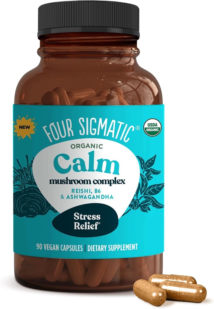 Cuatro cápsulas de calma Sigmática Ø Vegan Stress Relief Supplement to Promote Positive Mood with Organic Ashwagandha Powder, Organic Reishi Mushroom, Tulsi (Holy Basil Extract), Vitamina B6 Silencio 30 Serviciones