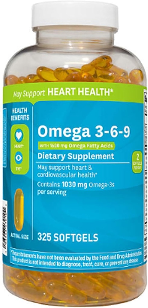 Omega 3-6-9 Suplemento dietético (325 ct.) - Promover la función visual y la salud de los ojos - Apoyo al corazón, la salud cardiovascular, la piel sana, el cabello y la salud general (Omega 3-6-9)