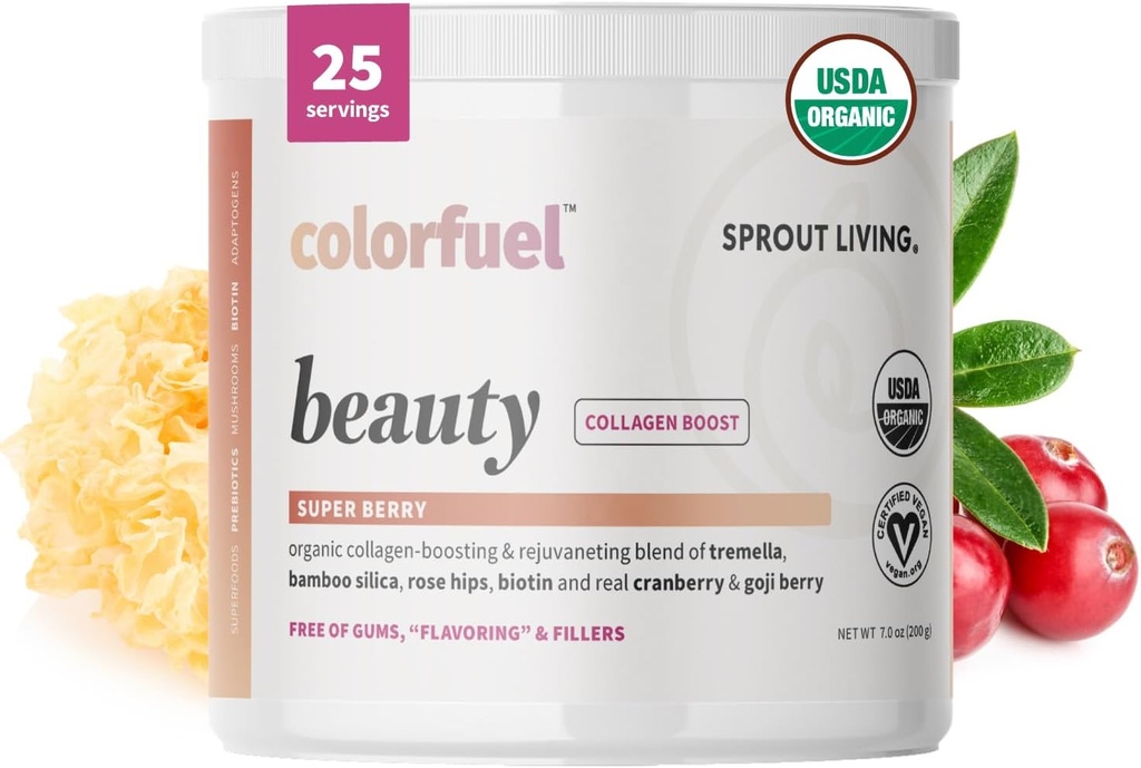 Sprout Living, Colorfuel Beauty Powder Drink Mix, Orgánica Superfoods + Adaptogens  durable Hair, Skin & Nails Support, Vegan Collagen Boost, Biotin, Silica, Vitamina C, Super Berry Flavor (25 Servings)