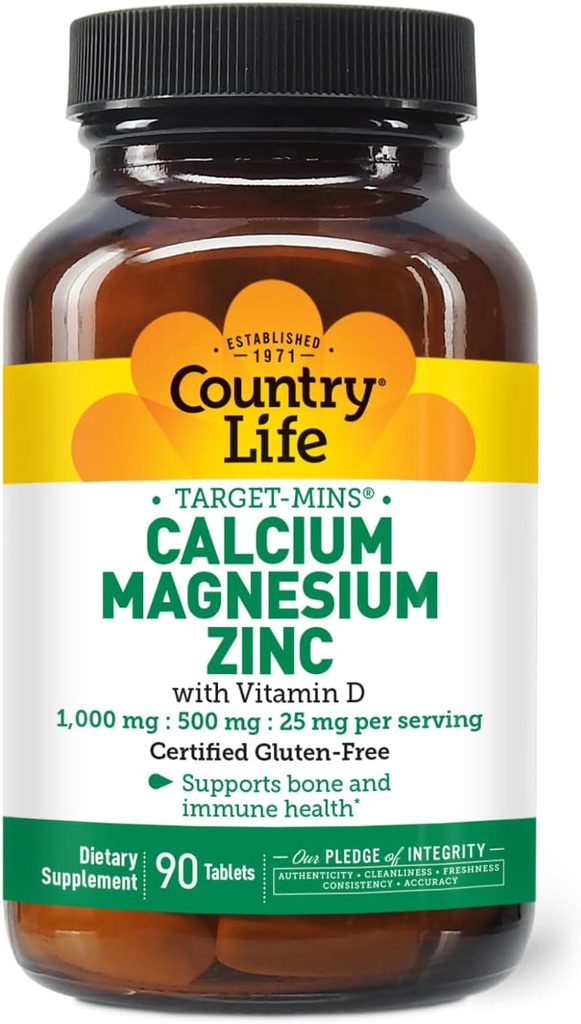 País Vida Calcio Magnesio Zinc con Vitamina D3 y L-Glutamic Ácido, Suplemento dietético para el soporte de hueso, Certified Gluten Free, 1000mg/500mg/25mg, 90 Tablets