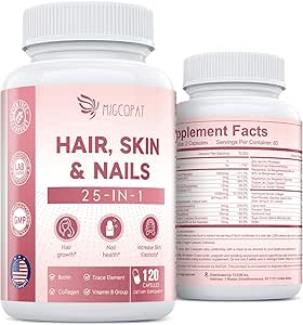 Esquí de pelo y uñas Vitaminas con biotina, coágulo " ácido hialurónico " , apoya el crecimiento saludable del cabello, uñas fuertes " piel de alumbrado, suplemento de biotina con vitaminas A, C, D3, E, Complejo B " Minerales