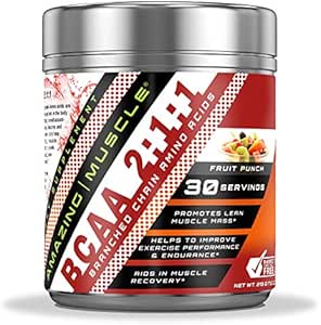 Amazing Muscle BCAA 2:1:1 Branched Chain Amino Acids Supplement | 6,000 Mg Per Serving | Fruit Punch Flavor | 30 Servings