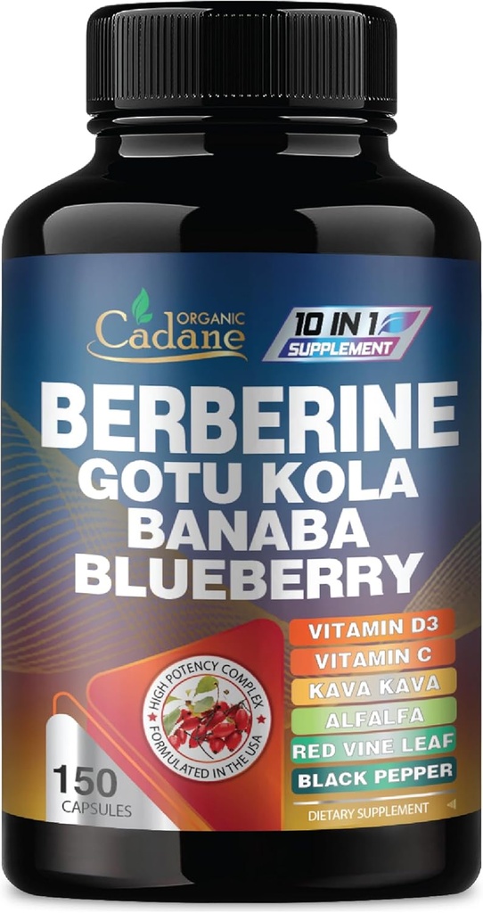 Cadane Premium Berberine Extract - Berberine Supplement 10in1 with Gotu Kola, Banaba Leaf &amp; More - 150 Capsules for Immunity &amp; Digestion System Support