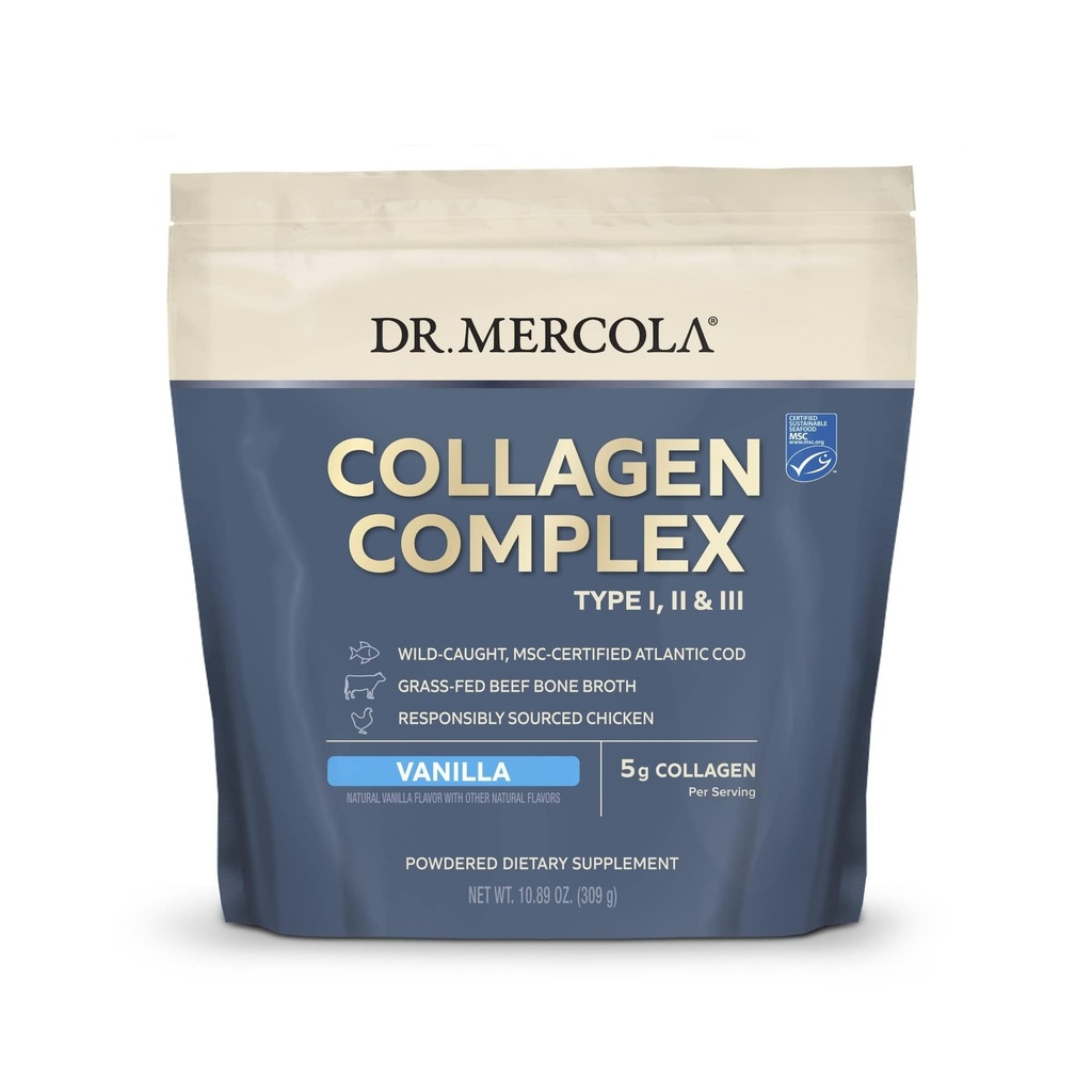 Dr. Mercola Collagen Complex Powder - Supports Skin Elasticity & Tissue Health - Multi-Source Collagen Types I, II & III - Non-GMO, Gluten-Free & Soy-Free - 10.89 oz (30 Servings) - Vanilla