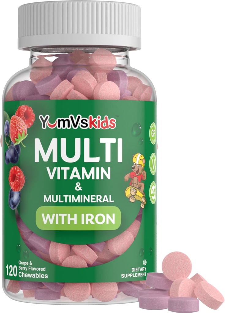YumVs Niños Multivitamínicos con Iron &amp; Minerales Tablas Chewable – Grape & Berry Flavor Vitaminas para niños pequeños Edad 2+ – Daily Multivitamin for Immune Support – Kosher, Non-GMO – 120 Chewables