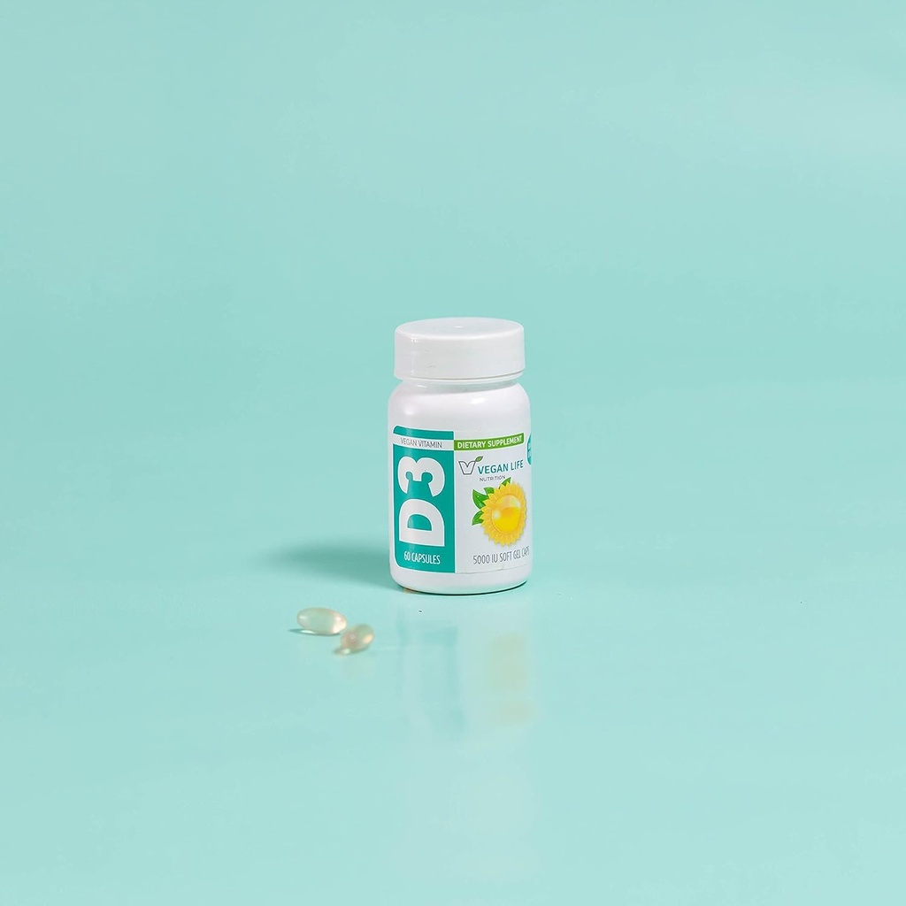 Vegan Life Nutrition - Vitamina D3 Daily Capsules for Adults (5000 UI) - Gluten-Free, Non-GMO, Supports Bone Health and Immune System - 60 cápsulas