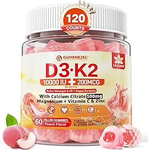 Vitamina D3 K2 Mangas llenas 5000IU / 10.000 UI con 500mg Calcio + K2(MK-7) 200mcg, Magnesio, Vitamina C & Zinc, Extra Strength - Ultimate Absorbency for Bones Muscles Teeth, Vegan -- Pack of 2