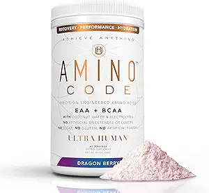Ultra Human Amino Code ← Aminoácidos Esenciales + BCAAs + Electrolitos de Agua de Cacahuete ← Fast Hydration Workout Recovery Flavored Amino Energy Powder Drink ← Clean Formula, 40 Servings - Dragonberry