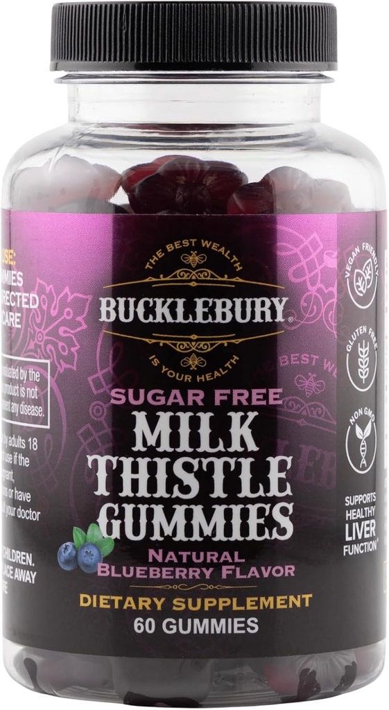 Bucklebury Leche libre de azúcar Gummies 1000mg con sabor natural de arándanos - Vegan, libre de gluten, suplemento de carburante natural para la salud del hígado, inmunidad y antioxidante Soporte -60 Conde