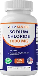 Vitamatic Sodium Chloride 1000mg – 365 Tablets Electrolyte Replenisher " Hydration Support – Non-GMO, Gluten-Free