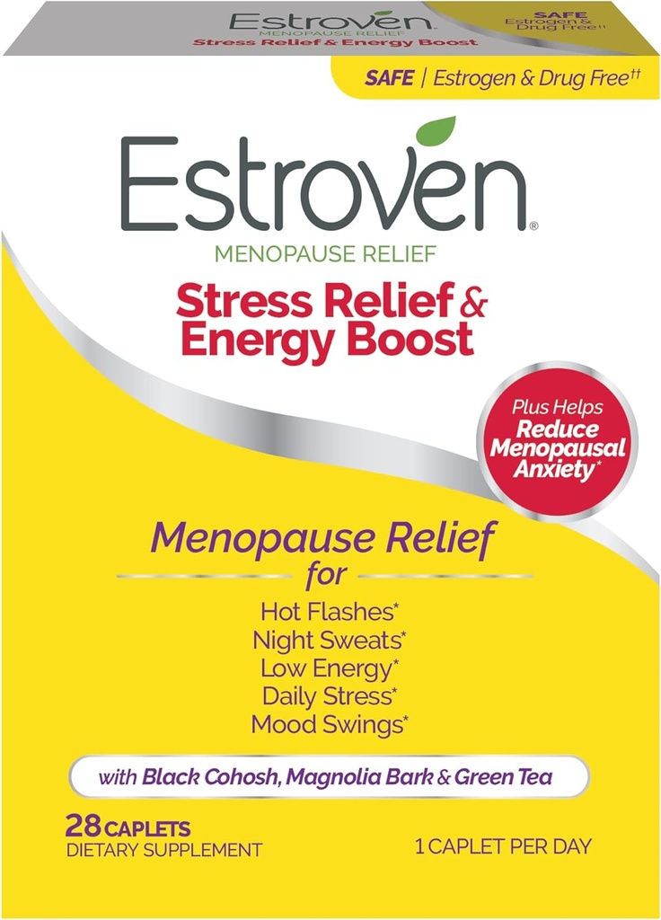 Estroven Stress Relief & Energy Boost for Menopause Relief - 28 Ct. - Ingredientes de Proveedores Clínicamente Proporcionan Estrés " Energy Support + Night Sweats " Hot Flash Relief - Drug-Free and Gluten-Free