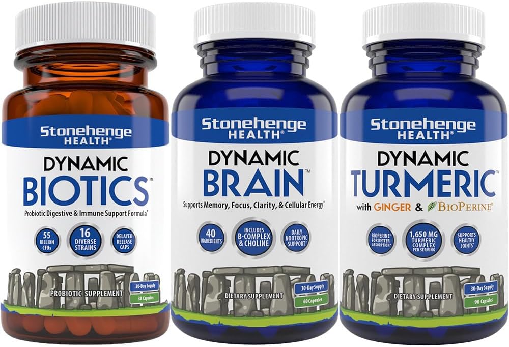 Stonehenge Health Dynamic Biotics Probiotic, Dynamic Brain, Dynamic Turmeric: Energy, Joints, Digestion, Cognitive Support, Memory, Focus, and Clarity
