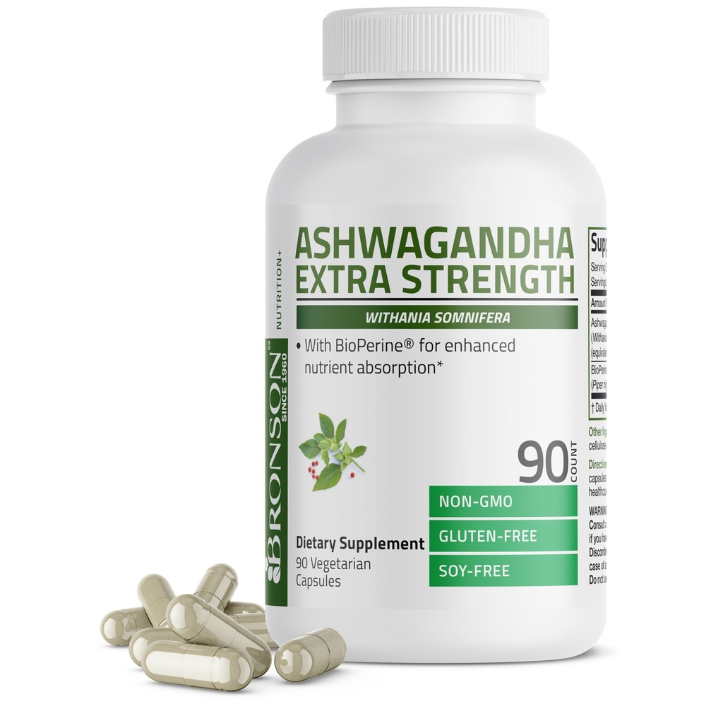 Bronson Ashwagandha Extra Strength Stress & Mood Support with BioPerine - Non GMO Formula, 90 Vegetarian Capsules