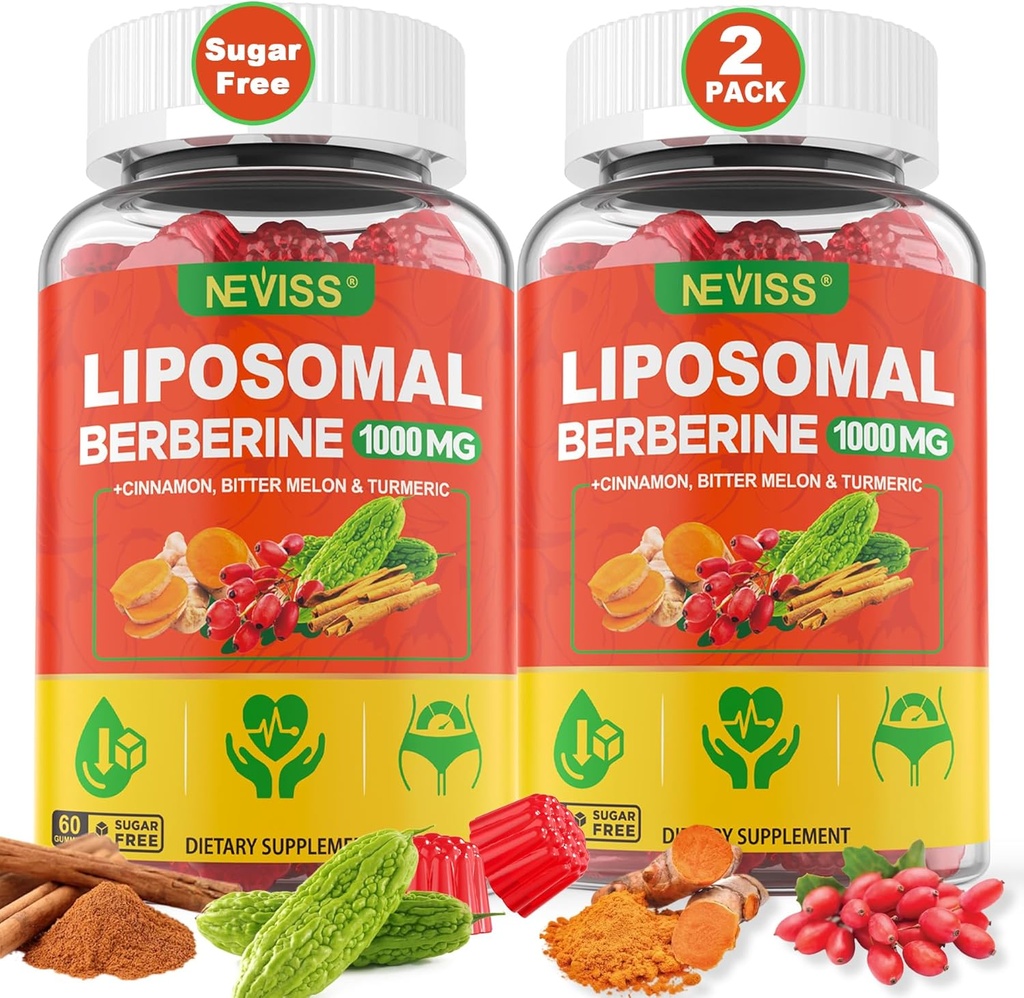 Liposomal Berberina Gummies Orgánica + Berberina HCL + Turmérica, Berberina Suplemento con Ceilán Canela, Bitter Melon, Fibra para la Digestión, Artichoke para el hígado, Salud general, Sugar Gratis