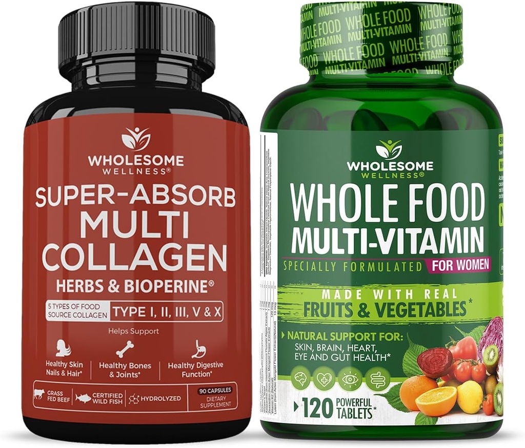 Píldoras multi colágeno superabsorb (Tipo I II III V X) Hierbas orgánicas y bioperina + Multivitamina entera de alimentos para las mujeres - Multi vitaminas naturales, minerales, extractos orgánicos Árbol