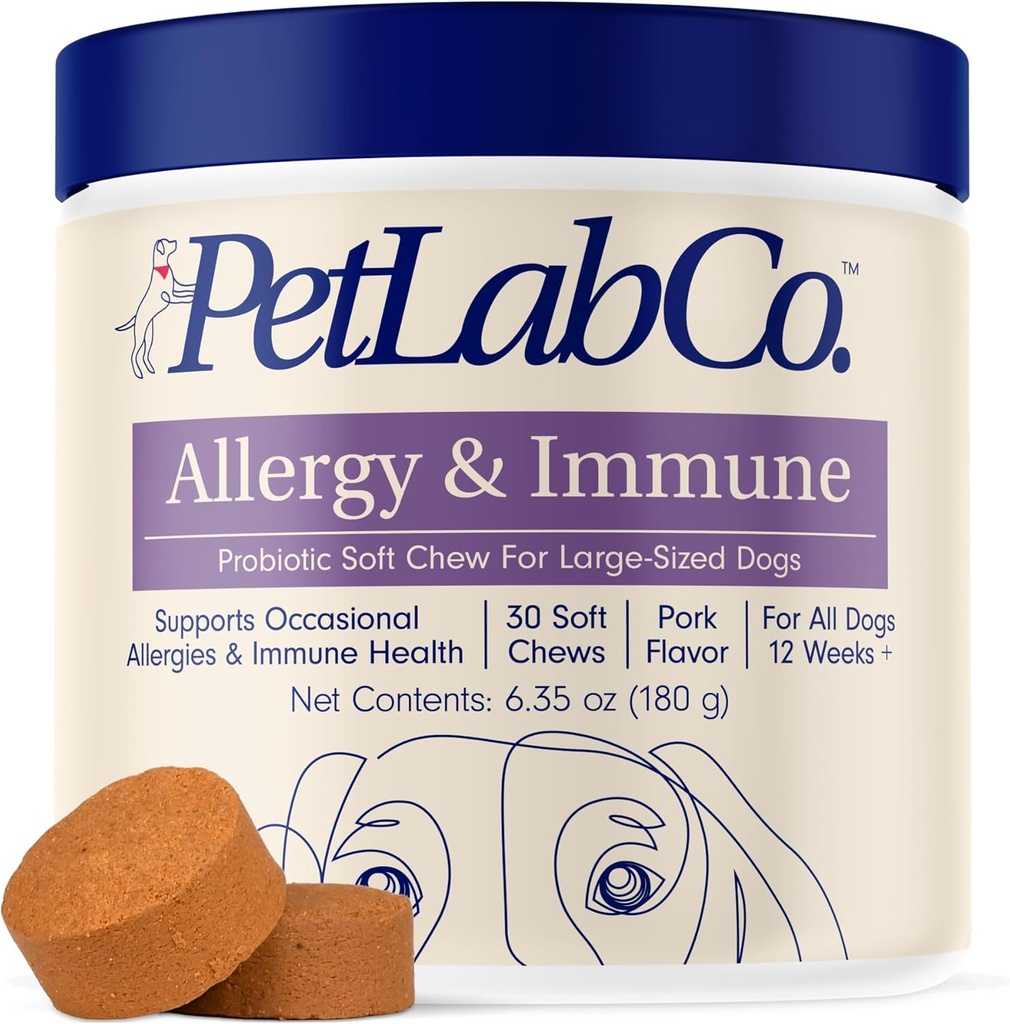 PetLab Co. Allergy &amp; Immune Daily Probiotics for Dogs. Apoya la producción de levadura, alergias estacionales, Itchiness intermitente, Gut & Digestive Health for Large Dogs - 30 Chews - Embalaje mayo Vary